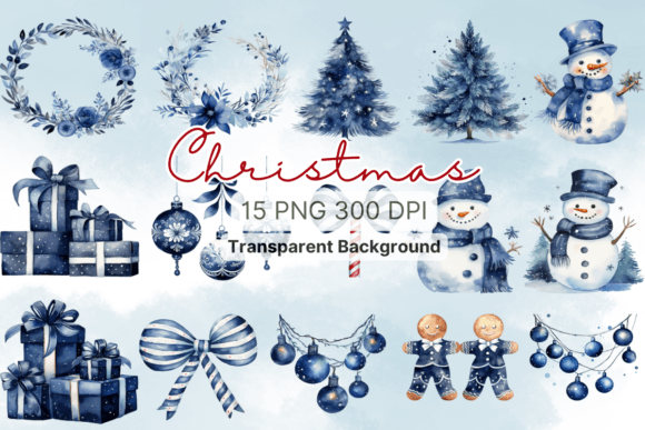 Navy Blue Christmas Watercolor Clipart for Graphics & Illustrations