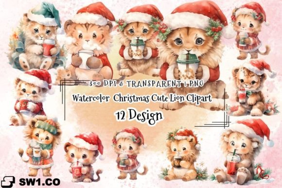 Watercolor Christmas Cute Lion Clipart for Graphics and Illustrations